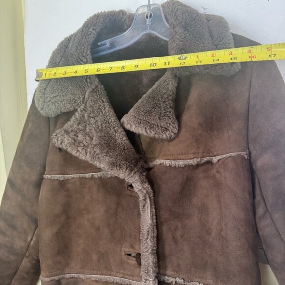 Peter Pan Canada Vintage 90s Shearling Leather Fur Short Coat Jacket Brown Warm - Picture 14 of 16